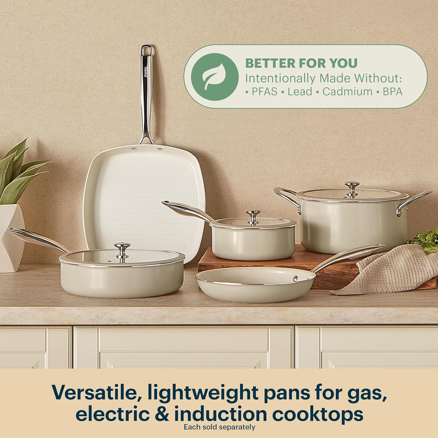 Pyrex 11-Inch Grill Pan Ceramic Cookware with Stainless Steel Handle ...