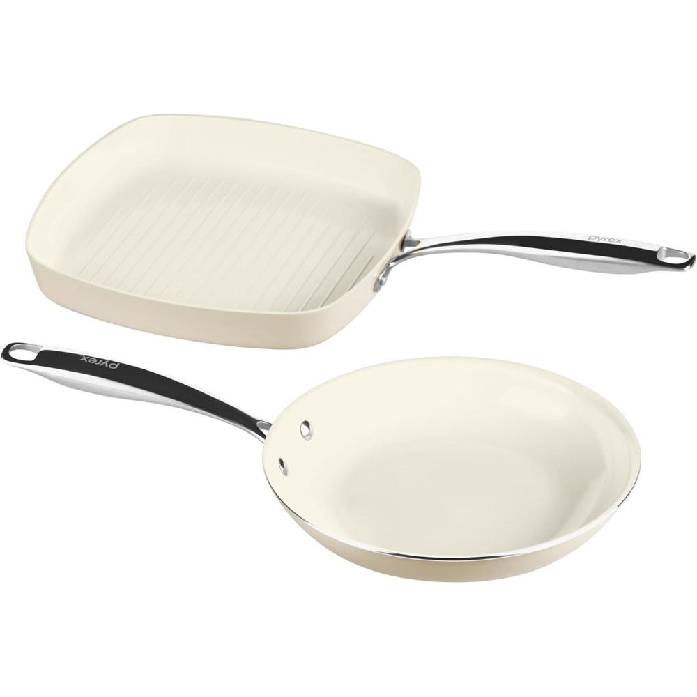 Pyrex 3-Piece Ceramic Cookware Fry Pan & Saucepan Set with Lid ...